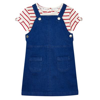 Girls' blue denim pinafore and striped t-shirt set